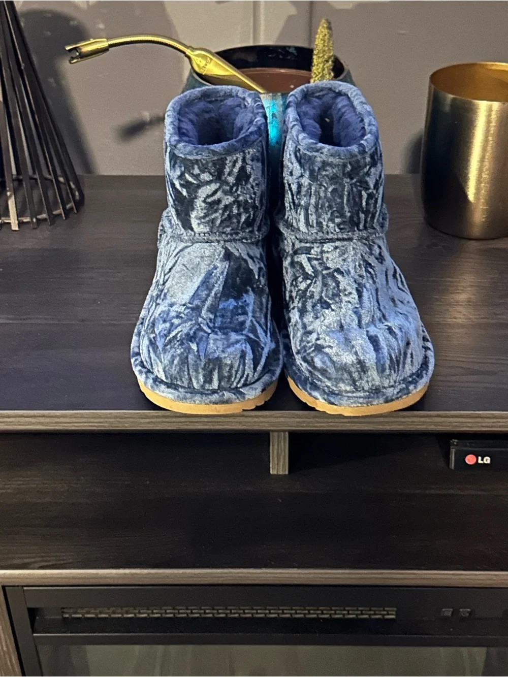 UGG Kids Navy Plush Booties with Tan Soles